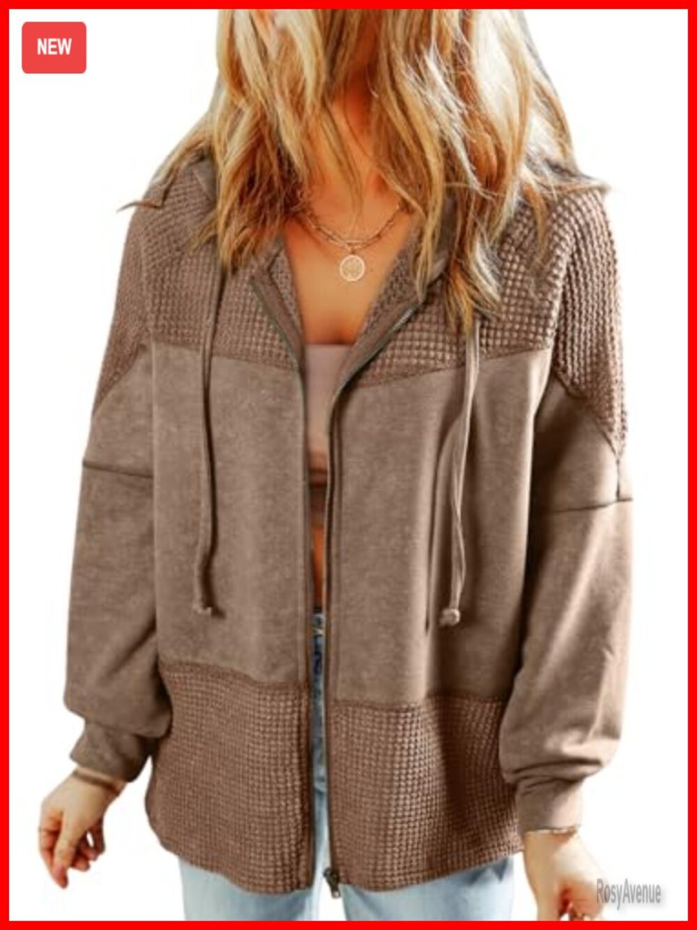Waffle Knit Zip Up Hoodie Jacket Loose Fit with Pockets